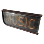 A VINTAGE 'MUSIC SHOP SIGN, with painted gilded lettering under glass panel, 66 x 26 x 5cm
