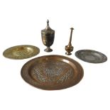 AN EMBOSSED BRASS CAIRO WARE PLAQUE, EMBOSSED PLAQUE, GOBLET AND COVER AND HOLY WATER SPRINKLER (5)