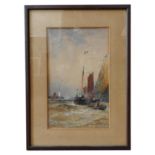 A FRENCH HARBOUR SCENE WATER COLOUR, depicting fishing boats in choppy waters, indistinguishable