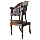 VICTORIAN MAHOGANY ADJUSTABLE HIGH CHAIR, the cane back chair on  turned tapered front legs united