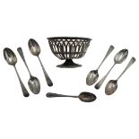 A SILVER PIERCED BOWL AND A SET OF SIX SILVER BRIGHT CUT TEASPOONS, and one other silver tea