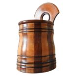 A SCOTTISH 19th CENTURY TURNED FRUIT WOOD  BARREL-STYLE SALT BOX, with wall hanging back panel and