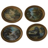 FOUR OVAL FRAMED 18TH CENTURY RURAL SCENE WATER COLOURS AND TWO OVAL FRAMED MEZZOTINTS, one of the