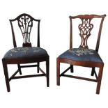 TWO GEORGIAN BEDROOM CHAIRS WITH NEEDLEPOINT SEATS, both with pierced central splats, shaped top