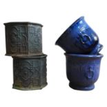 A PAIR OF BLUE GLAZED CIRCULAR GARDEN PLANTERS AND A PAIR OF FAUX LEAD SQUARE GARDEN PLANTERS