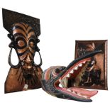 TWO EMBOSSED COPPER ZAMBIAN PANELS AND A PAINTED WOODEN INDONESIAN MASK, along with three Balinese