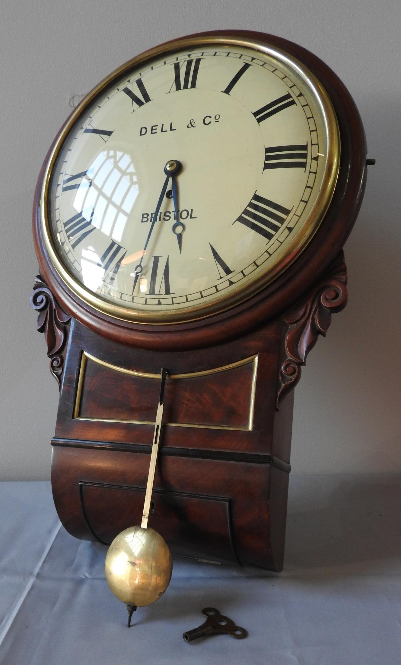 19TH CENTURY MAHOGANY DROP CASE FUSEE WALL CLOCK, Dell & Co. Bristol, striking, 30cm dial - Image 2 of 5