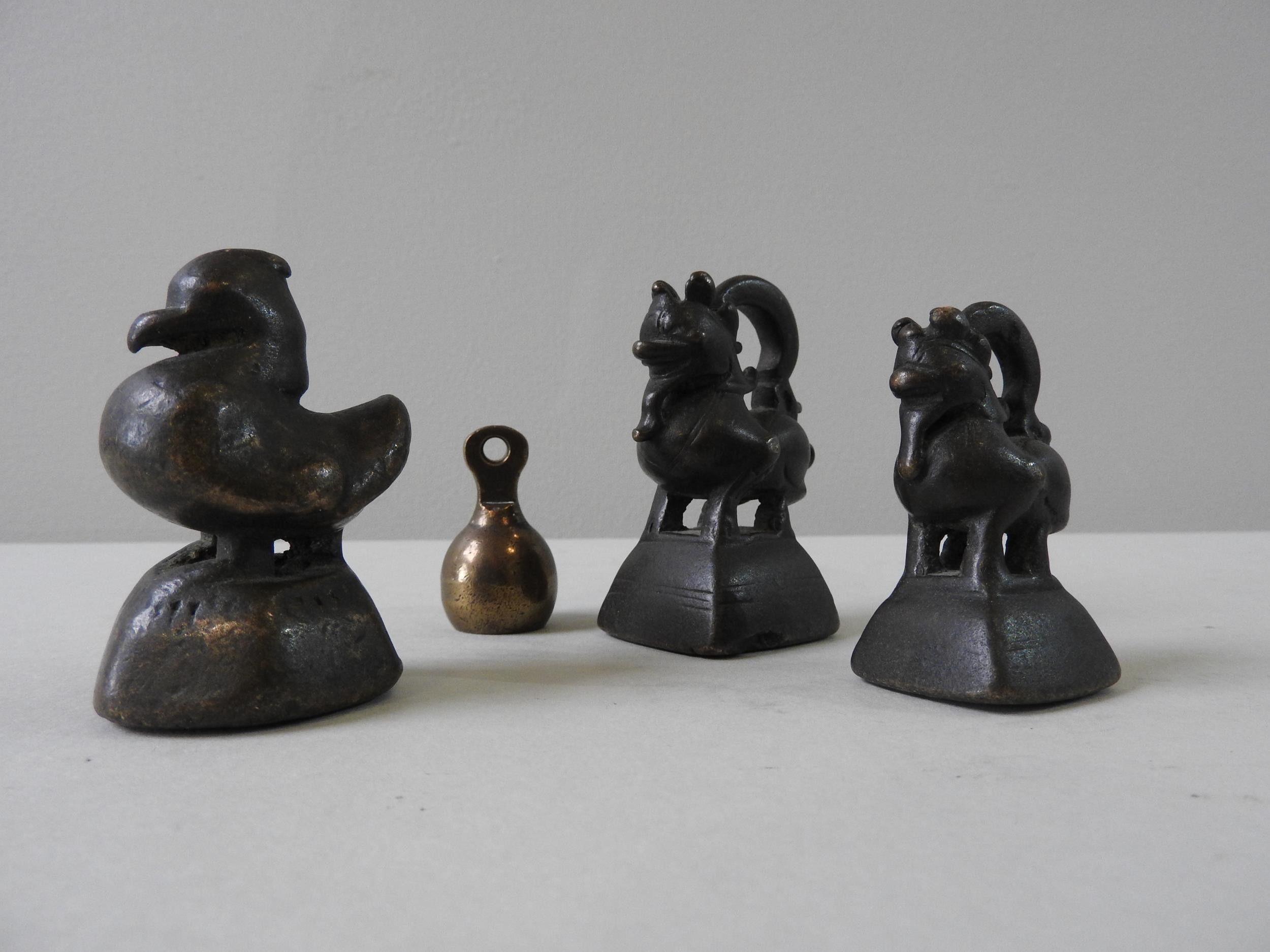 THREE ASHANTI BRONZE OPIUM OR GOLD WEIGHTS in the form of a duck and two stylised creatures, 7cm max - Image 2 of 6