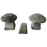 TWO WEATHERED STADDLE STONE TOPS AND THREE ASSOCIATED SHORT BASES, the larger top measuring 55cm