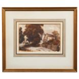 ENGLISH SCHOOL (19TH CENTURY) HORSE AND CART ON A VILLAGE PATH watercolour, framed 12cm x 16cm