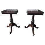 A PAIR OF GOSTINS 20TH CENTURY CHIPPENDALE STYLE FRETWORK TRIPOD SIDE TABLES, the square tops with a