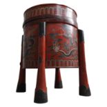 A LARGE JAPANESE RED LACQUER DRUM TABLE / STORAGE BOX