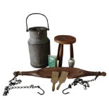 A COLLECTION OF VINTAGE DAIRY ITEMS INCLUDING MILK CHURN, YOKE, AND MILKING STOOL, along with butter