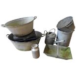 TWO OVAL GALVANISED WASH BOWLS, WATERING CAN, BUCKETS, MILK CONTAINER, TRUG AND TIN TRUNK (8)