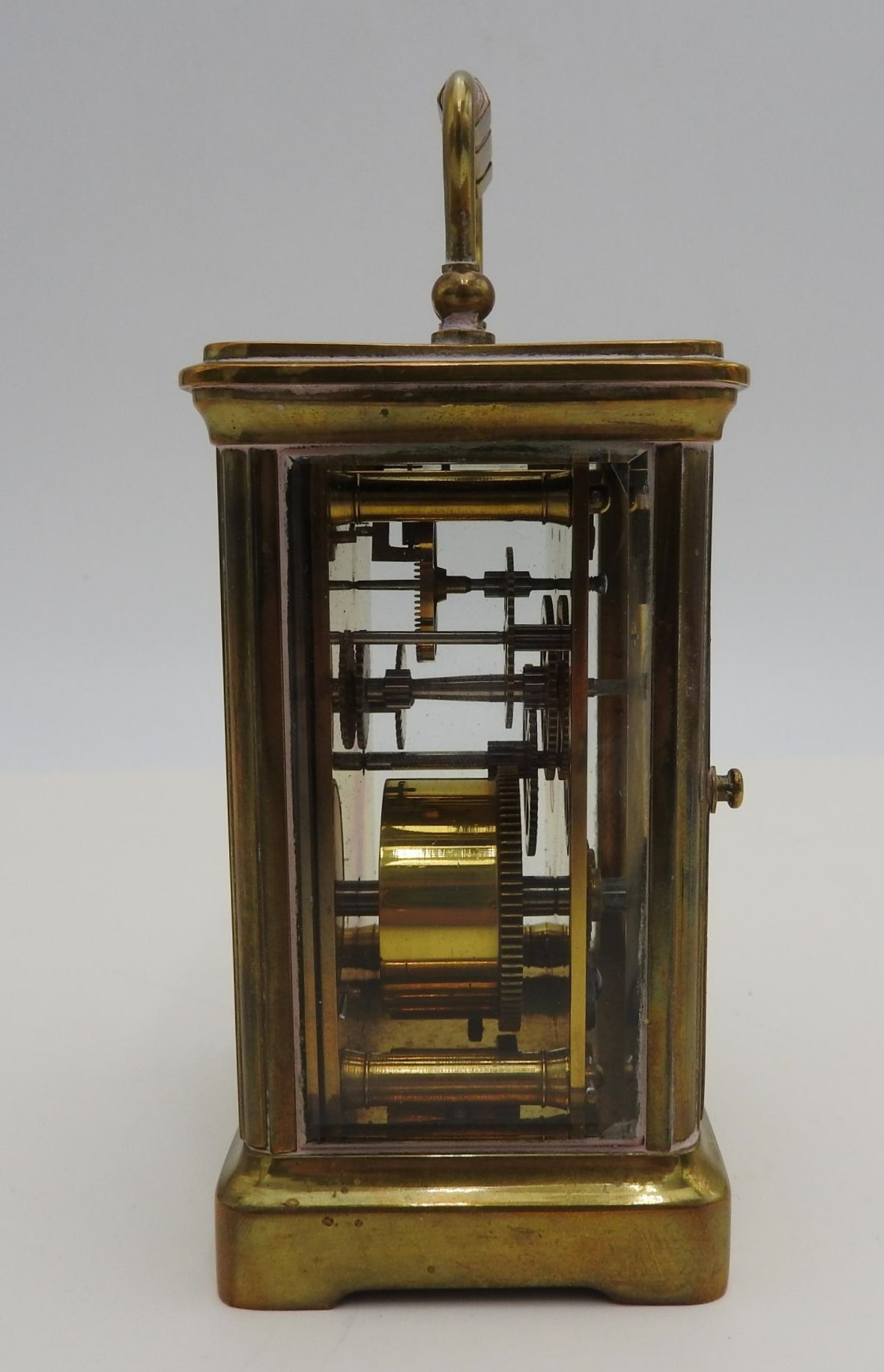 AN EARLY 20TH CENTURY ENGLISH BRASS CARRIAGE CLOCK, 11cm high, with winding key, in working order - Image 4 of 5