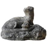 A WEATHERED GARDEN ORNAMENT DEPICTING OTTER AND CUB, 49 x 30cm