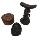 A CARVED TREEN TRIBAL HEAD REST, CARVED WOODEN MASK AND A COVERED SOFT WOOD BOX, the head rest