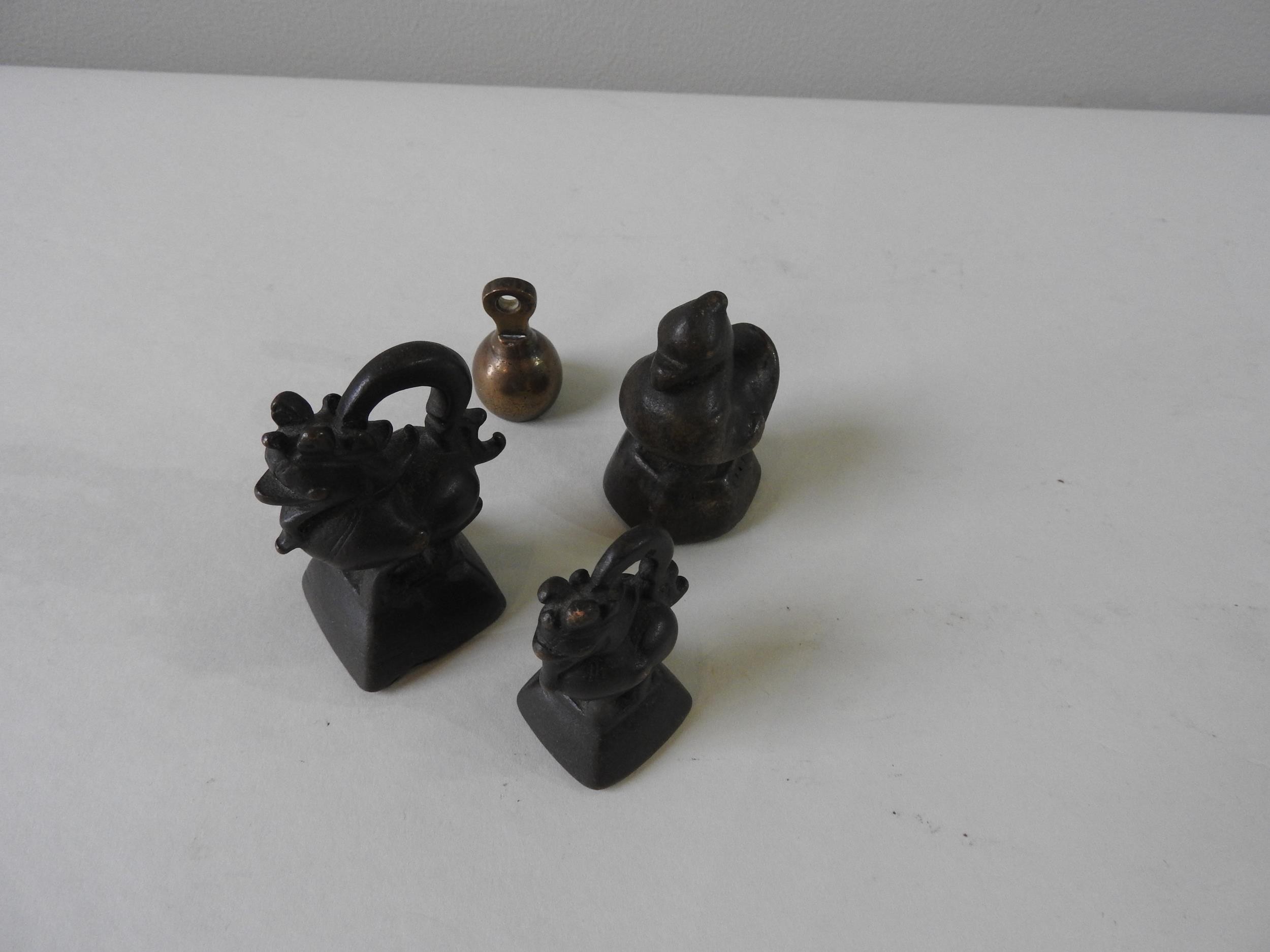 THREE ASHANTI BRONZE OPIUM OR GOLD WEIGHTS in the form of a duck and two stylised creatures, 7cm max - Image 5 of 6