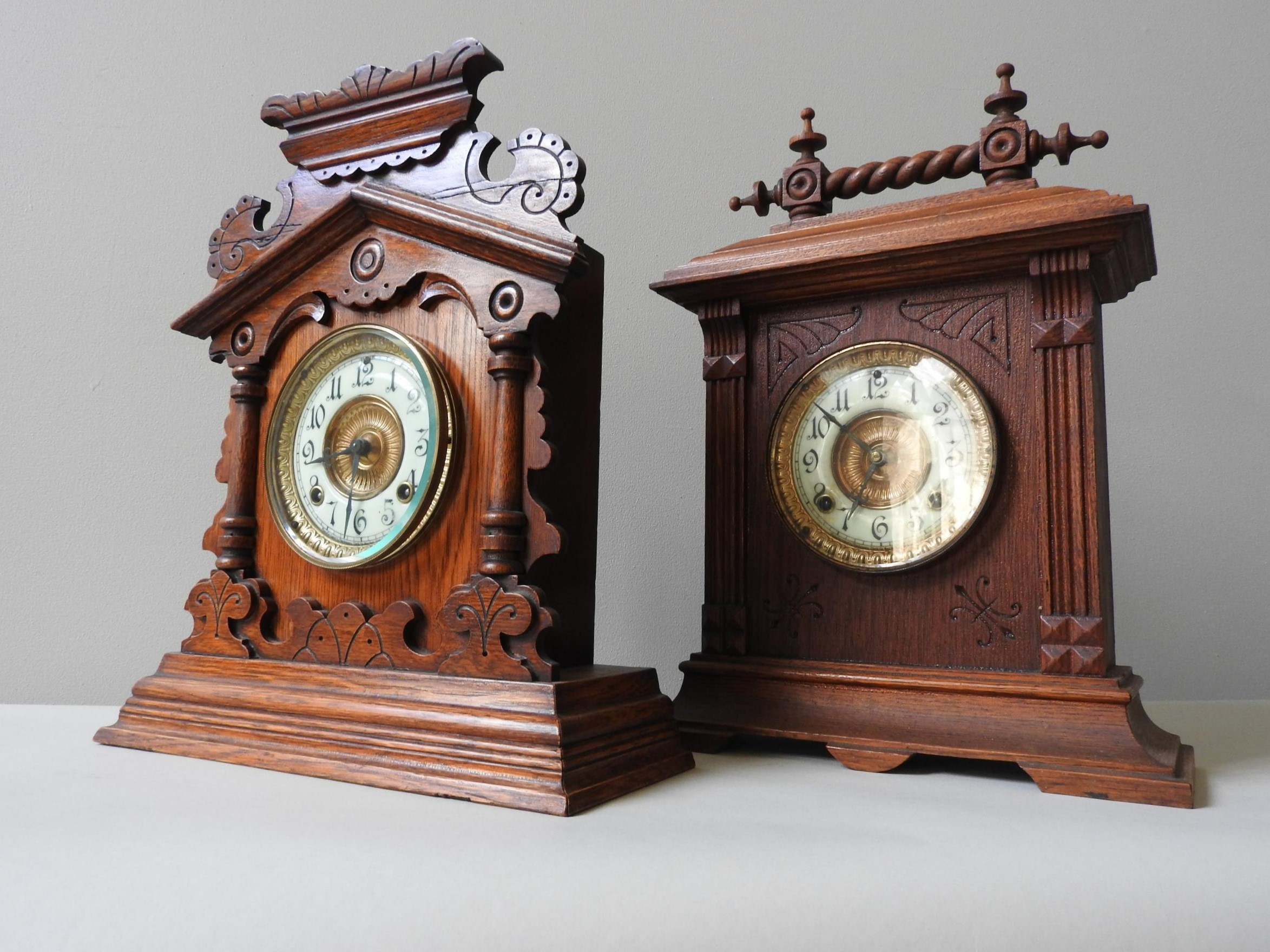 TWO LATE 19TH CENTURY OAK CASED 'ANSONIA' MANTEL CLOCKS, 42 x 35cm and similar - Image 2 of 3