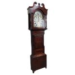 A 19th CENTURY OAK AND MAHOGANY LONGCASE CLOCK, with an 8-day movement, painted dial with ship