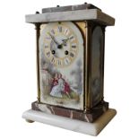 A 19TH CENTURY CONTINENTAL ALABASTER AND MARBLE CHIMING MANTEL CLOCK, the front decorated with a