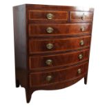 A REGENCY INLAID MAHOGANY BOW FRONT CHEST OF SIX DRAWERS, comprising  two short drawers and four
