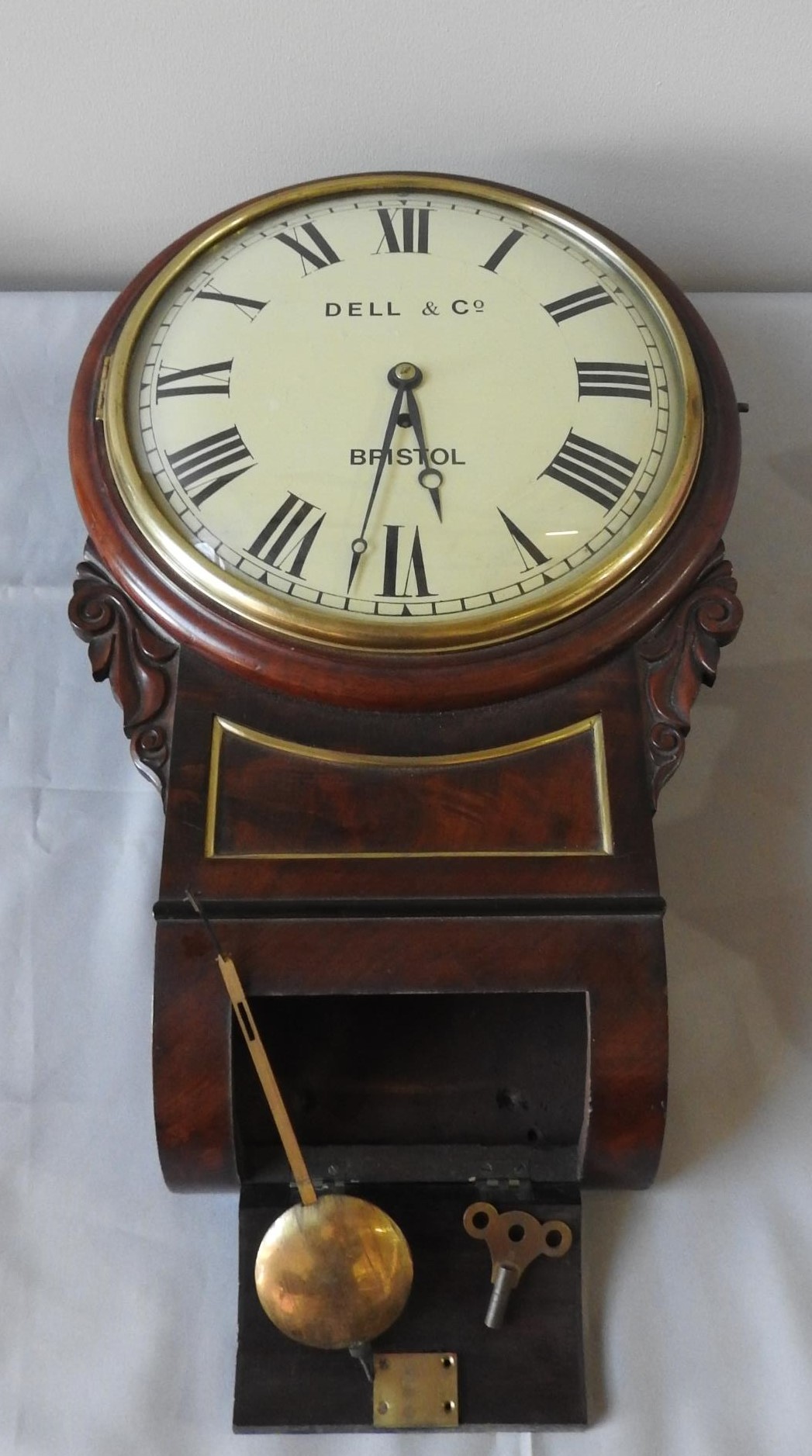 19TH CENTURY MAHOGANY DROP CASE FUSEE WALL CLOCK, Dell & Co. Bristol, striking, 30cm dial - Image 3 of 5
