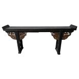A CHINESE ALTAR TABLE, with ornate carved corner brackets depicting dragons, 93 x 223 x 37.5cm