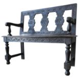 A 19TH CENTURY CARVED OAK BENCH / HALL SEAT, with triple splat back on turned legs, 91 x 106 x 40 cm