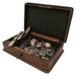 A LEATHER JEWELLERY BOX CONTAINING SILVER LOCKETS, SILVER FOBS, PENDANTS, PILL BOX AND POCKET
