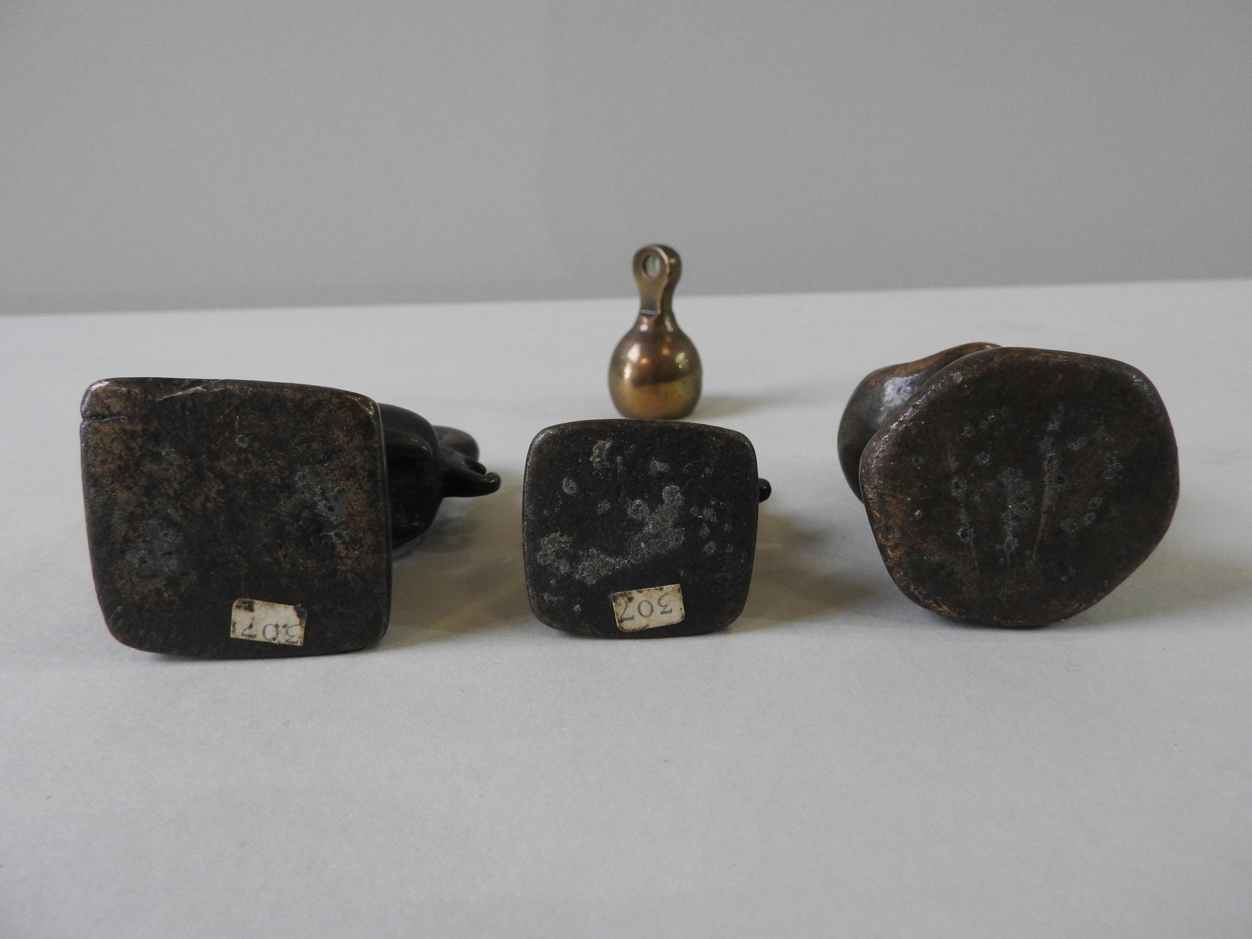 THREE ASHANTI BRONZE OPIUM OR GOLD WEIGHTS in the form of a duck and two stylised creatures, 7cm max - Image 6 of 6