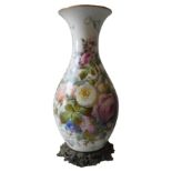A 19TH CENTURY ROSE DECORATED BALUSTER VASE, on gilt metal scroll work base with a narrow band of