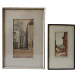 M E DAVIDSON, STREET SCENE, watercolour, framed, and another watercolour of a street scene, signed A