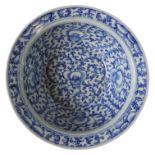 CHINESE 19th CENTURY BLUE AND WHITE FLORAL PATTERN BOWL of large proportions, 37cm diam x 12cm high