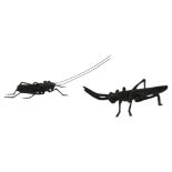 A CHINESE ARTICULATED BRONZE GRASS HOPPER, and another insect, 8cm