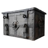 A GEORGIAN IRON STRONG BOX, studded iron strapping over iron plate, with twist ring handles, 36 x 62