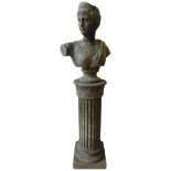 A RECONSTITUTED STONE BUST OF GRECO ROMAN MAIDEN ON COLUMN, the cylindrical column in two sections