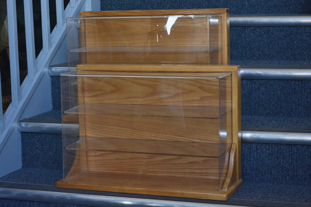 A PAIR OF WOODEN AND PERSPEX MODEL VEHICLE THREE-LAYER DISPLAY CASES Ideal for safely displaying 1: