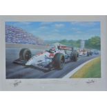 TWO FRAMED PRINTS IN TRIBUTE TO NIGEL MANSELL - Framed print signed by Stuart McIntyre - Framed