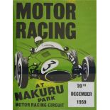 1959 MOTOR RACING AT NAKURU PARK PROMOTIONAL POSTER A colour printed poster to promote 'Motor Racing