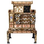 GOOD JAPANESE KUTANI AND IMARI PORCELAIN MOUNTED LACQUER CABINET ON STAND MEIJI PERIOD (1868-1912)