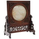 CARVED JADE DOUBLE-PEACH' PLAQUE  QING DYNASTY, 19TH CENTURY mounted in a hardwood table screen