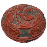 CINNABAR LACQUER COVERED BOX QING DYNASTY, 19TH CENTURY carved with a panel of two fishermen