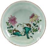 CELADON-GROUND FAMILLE ROSE 'QUAIL' DISH QIANLONG BLUE SEAL MARK AND OF THE PERIOD enamelled with