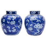 PAIR OF BLUE AND WHITE 'PRUNUS AND CRACKED-ICE' GINGER JARS AND COVERS QING DYNASTY with typical