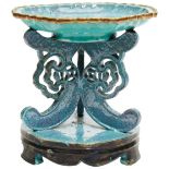 RARE ROBINS EGG-GLAZE STAND QING DYNASTY, 18TH / 19TH CENTURY the dished hexagonal top with a gilt