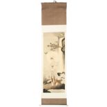 JAPANESE MEIJI PERIOD SILK SCROLL PAINTING OF KWANON AT WATERFALL in original fully signed double
