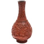 CINNABAR LACQUER BOTTLE VASE QING DYNASTY, 19TH CENTURY the sides carved in relief with figures in a