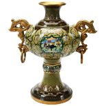 UNUSUAL CHINESE CLOISONNE VASE  CIRCA 1970 the baluster sides with twin scroll handles, decorated in