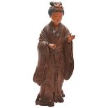 FINE CARVED BOXWOOD FIGURE OF A LADY LATE QING DYNASTY the standing figure wearing a long flowing